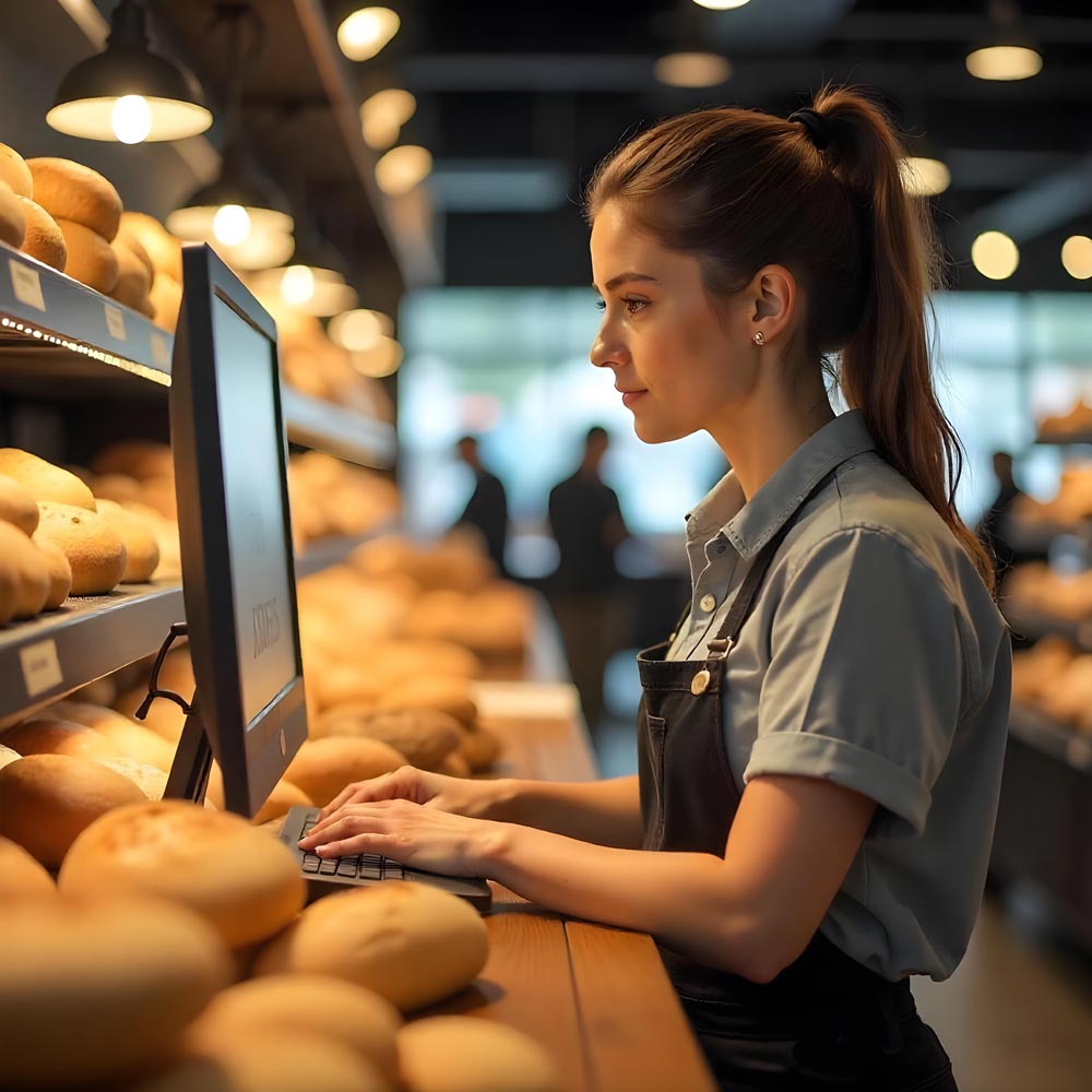 female-baker-seller-working-computer-selling-bread-supermarket